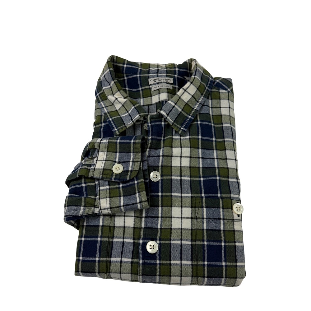 Oobe Brand Mens Large Plaid Button Down Shirt Green Navy Blue Cotton 161 King St